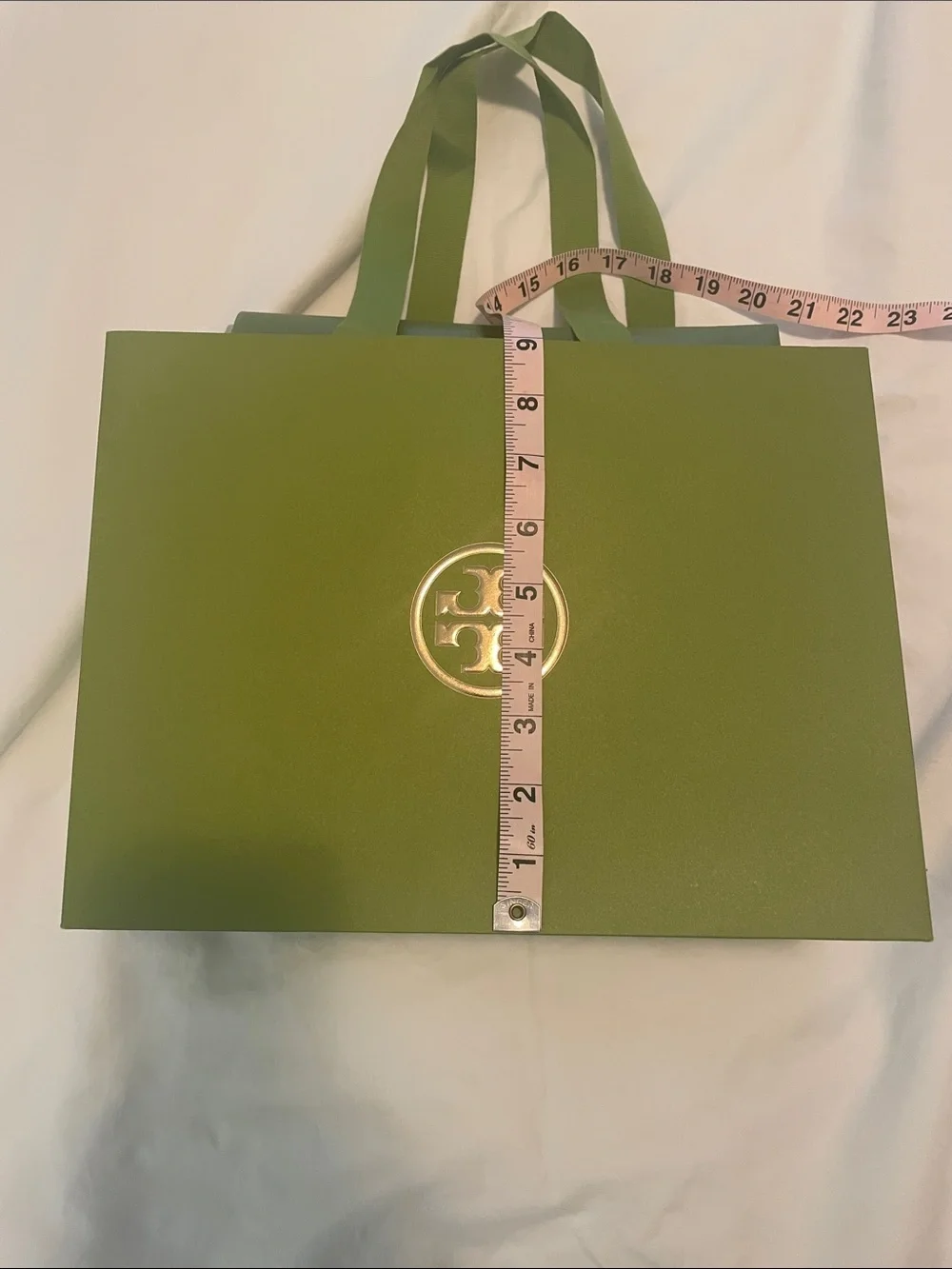 Tory Burch Olive Green Gift Bag with Metallic Logo